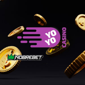 Logo da casa de apostas em destaque e moedas de dinheiro douradas com o símbolo $ - fazer apostas no YoYoCasino